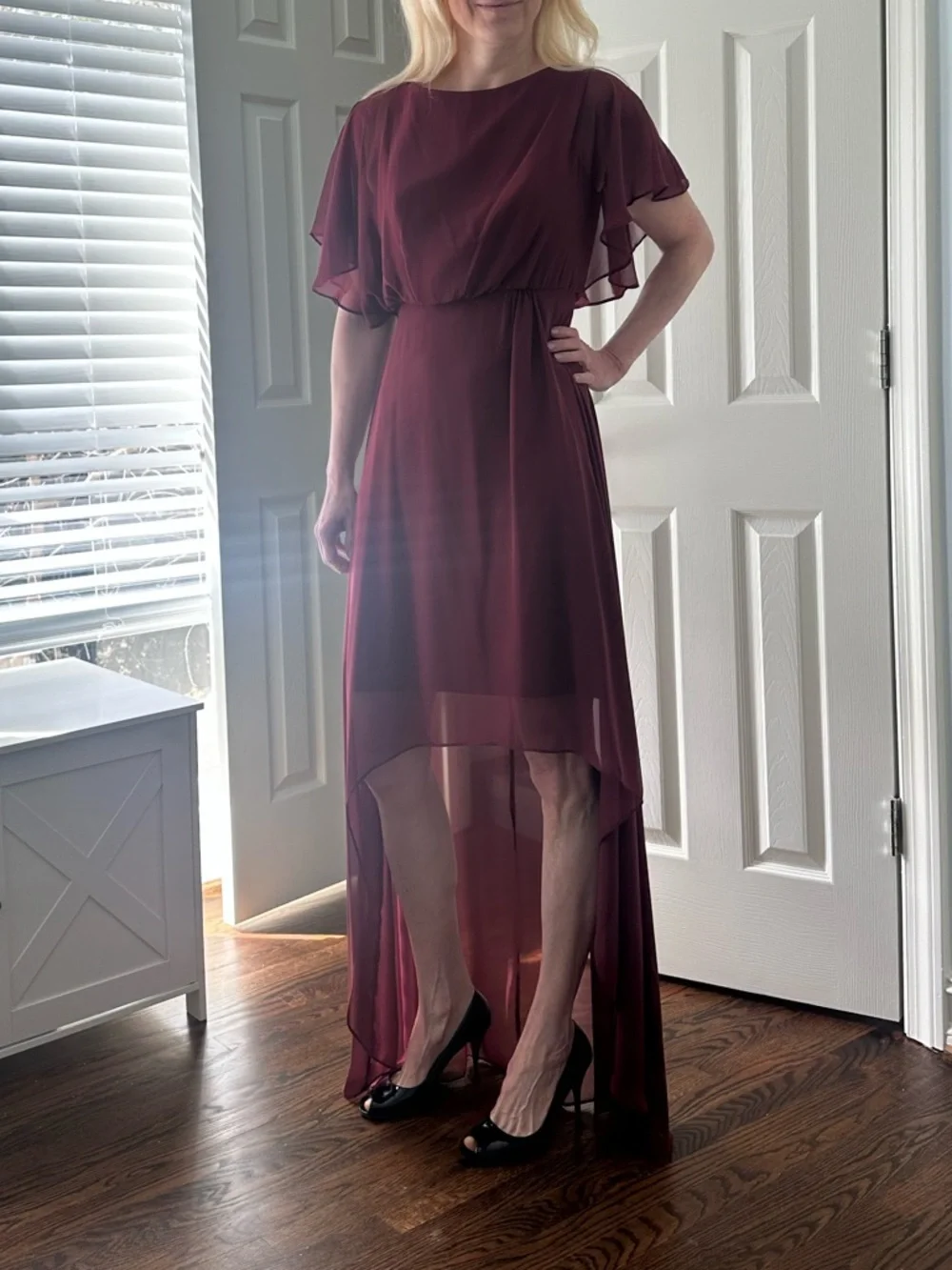 Women’s Burgundy High-Low Chiffon Event Prom Mother of the Bride Dress 2 - Picture 7 of 10